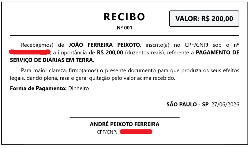 Exemplo de como preencher um recibo simples corretamente